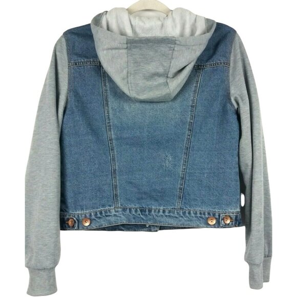 Juniors Ci Sono Hooded Jean Jacket Size Lg Blue Distressed Removable Hood - Picture 2 of 9